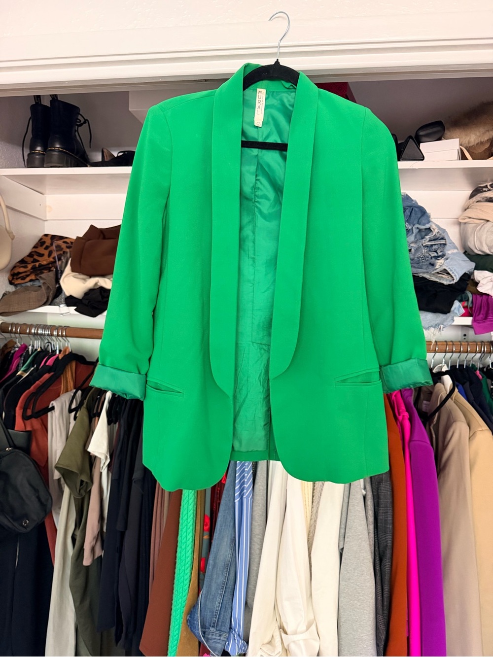 Mural oversized open front tuxedo green bright print blazer bundle XS S - Picture 9 of 13
